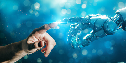A human hand touching a robot hand against a sparkling blue background, symbolizing human-robot interaction. Generative AI
