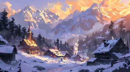 Enchanting Snowy Alpine Village at Dusk with Majestic Mountain Peaks in the Distance