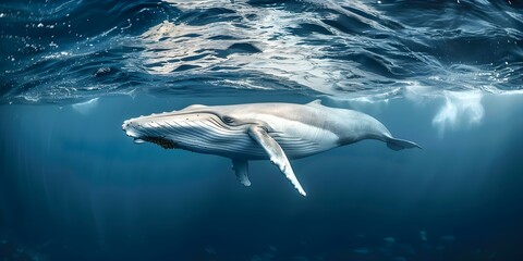 Naklejka premium The massive Blue whale gracefully swims through the ocean depths centered copy space selective focus. Concept Aquatic Life, Underwater World, Marine Wildlife, Nature Photography, Ocean Exploration