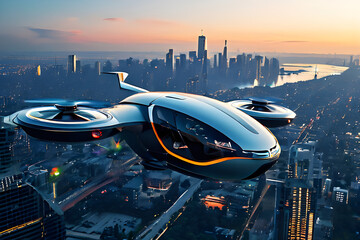 electric evtol take land vertical aircraft landing city futuristic drone taxi flying transportation car innovation helicopter environmental conservation new copy space design modern.