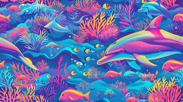 Vibrant Underwater Coral Reef Teeming with Graceful Dolphins and Technicolor Marine Life