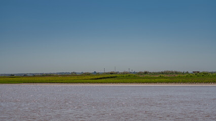 A calm exotic red-brown river. There are thickets of lush green grass on the sandy shore. Hills and towers of power grids against a clear blue sky. Madagascar. Tsiribihina river