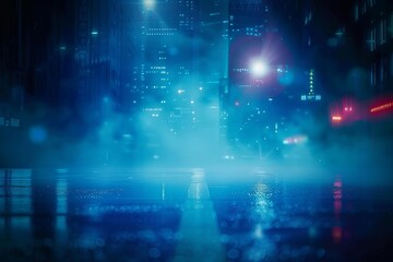 Fototapeta premium Dark street of the night city, Dark blue background, an empty dark scene, neon, spotlights reflecting on the asphalt floor, and a studio room with smoke floating up. generative ai.