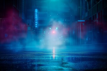 Dark street of the night city, Dark blue background, an empty dark scene, neon, spotlights reflecting on the asphalt floor, and a studio room with smoke floating up. generative ai.