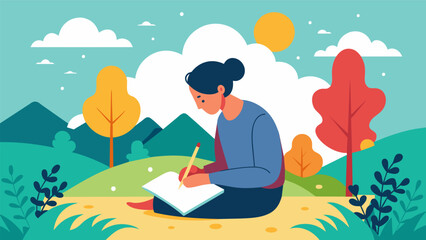 A person writing in a gratitude journal surrounded by nature and beautiful scenery.. Vector illustration