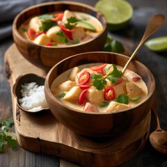 Authentic Thai Chicken Curry Served in Wooden Bowls with Lime and Rice on Rustic Table