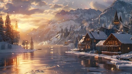 Fototapeta premium Stunning Mountainous Landscape with Frozen Lake and Traditional Cabins at Sunset