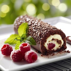 Decadent Chocolate Raspberry Roll Cake with Cream Filling on Elegant White Plate