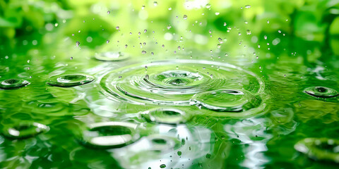 Raindrops creating ripples on the water's surface, green natural background, concept of freshness. Generative AI