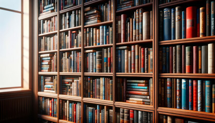 Large bookshelf filled with various books, photo-realistic, against a window lit room, concept of knowledge. Generative AI
