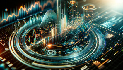 Abstract digital interface with dynamic lines and graphs, on a dark blue and orange background, concept of data analysis. Generative AI
