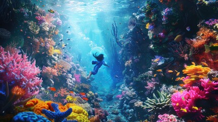 Fototapeta na wymiar Children diving in the ocean with fantasy underwater view surrounded with vibrant color from coral and fish swimming around. Attractive elementary student exploring the world under the sea. AIG42.