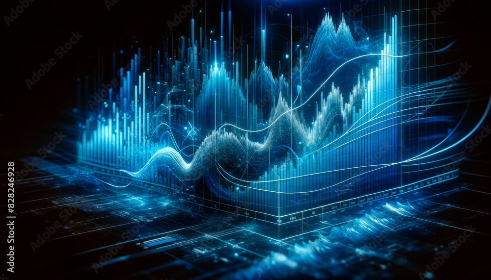 Poster abstract digital landscape with dynamic lines and particles, digital art style, on a dark blue backg
