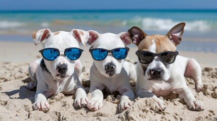 Three Cool Dogs in Sunglasses Relaxing on a Sunny Beach Day