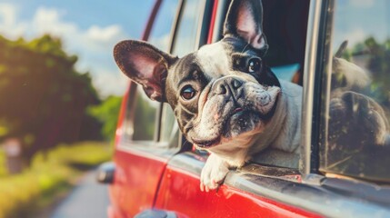 Adorable French Bulldog Peeking Out of a Car Window on a Sunny Day