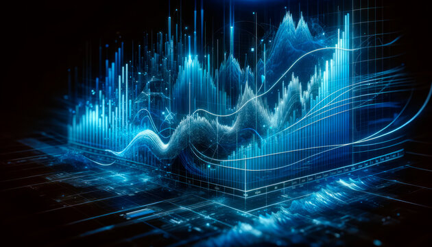 Abstract digital landscape with dynamic lines and particles, digital art style, on a dark blue background, concept of data analysis. Generative AI