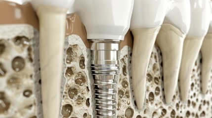 Obraz na płótnie Canvas Close-Up Cross-Section View of Tooth Structure and Dental Implant Embedded in Jawbone. Detailed 4K HD Wallpaper. AI-Generated Illustration. Background.