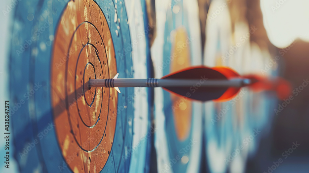 Aufkleber close-up of an arrow hitting the bullseye on a dartboard, symbolizing achievement, on a blurred back