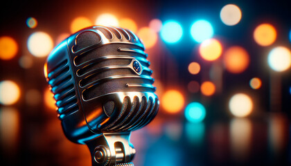Close-up of a vintage microphone with detailed texture, set against a vibrant bokeh background, depicting a concept of music or broadcasting. Generative AI