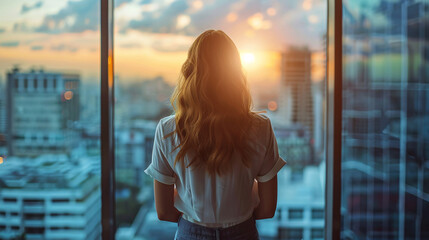 Fototapeta na wymiar Ambitious woman standing in an office with a city view, representing success and determination