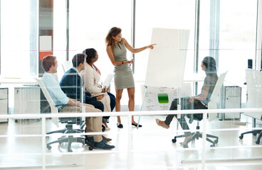 Woman, presentation and coworkers in office or meeting, business planning and white board...