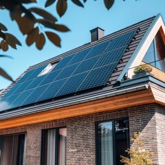 Fototapeta premium Modern Eco-Friendly Home with Solar Panels on Roof Showcasing Sustainable Living