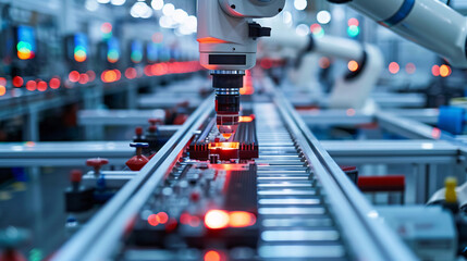 Automated assembly line in an electronics factory, showcasing Industry 4.0 technology