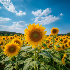 Obraz premium A vibrant sunflower field in full bloom under a clear blue sky with fluffy white clouds on a sunny day.
