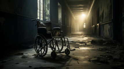 An abandoned wheelchair sits in a dimly lit, decaying hallway of an old, run-down building, bathed in eerie light from broken windows.
