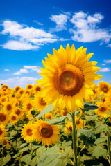 Bright sunflower field on a sunny day with blue skies and fluffy clouds, showcasing vibrant yellow blooms and lush green leaves.