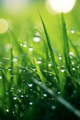 Fototapeta premium Close-up of fresh green grass blades sprinkled with dew drops, capturing the beauty of nature and lush greenery in the morning sunlight.