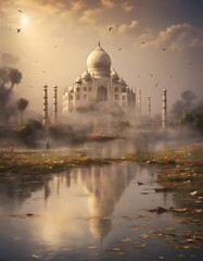 a painting of the Taj Mahal with birds flying around