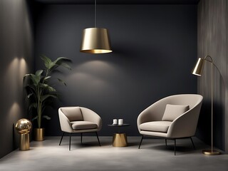 Living room in gray and black, Minimalist design with blank empty dark interior, graphite modern sofa, herringbone beige accent, 3D render