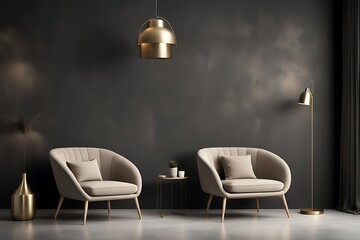 Living room in gray and black, Minimalist design with blank empty dark interior, graphite modern sofa, herringbone beige accent, 3D render