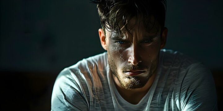 A man looking upset in shadows with a moody backdrop. Concept Emotive Portraits, Mood Lighting, Dramatic Shadows