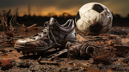 A worn-out football resting beside a muddy pair of boots.