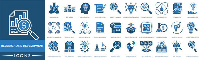 Research And Development icon. Innovation Lab, Center, Idea Generation, Prototype Testing, Product Research, Technology Breakthrough, Scientific Discovery, Experimentation, Data Analysis