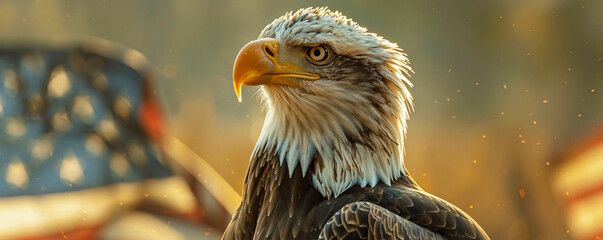 Close-up of a eagle with its feathers ruffled by the wind, set against the backdrop of the stars and stripes of the American flag, symbolizing the nation's enduring spirit on July 4th.