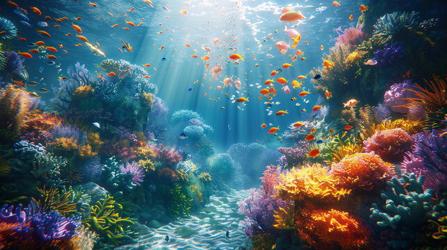 Beautiful sunlit underwater world with marine life and clear water