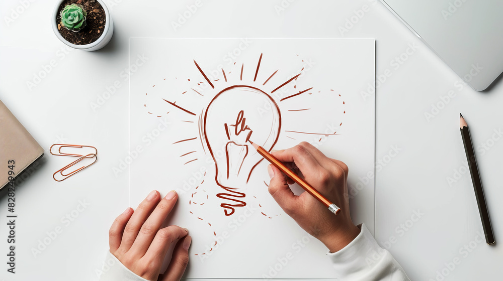 Poster hand drawing a lightbulb on paper, symbolizing idea generation, with a white and beige background. g