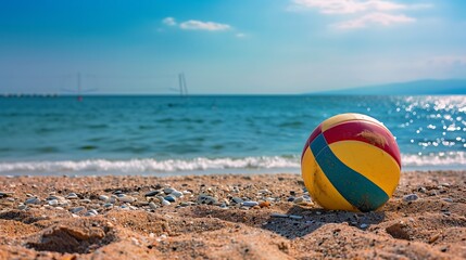 colored volleyball ball placed on the beach sand, with the ocean waves gently lapping nearby