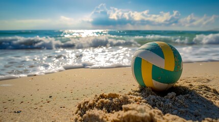 Obraz premium colored volleyball ball placed on the beach sand, with the ocean waves gently lapping nearby