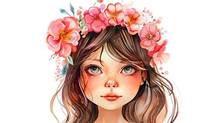 Naklejka premium Enchanting Floral Crown Adorns Beautiful Girl in Whimsical Watercolor