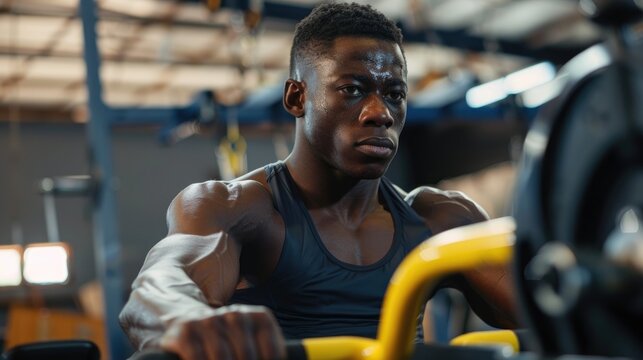Energetic young African American athlete exercising on a rowing machine