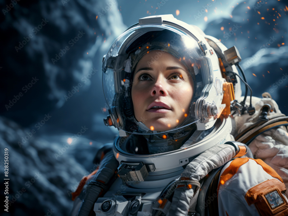 Aufkleber close-up of a female astronaut in a space suit, gazing upward with sparks around, against a mountain