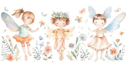 Enchanting Fairy Girls and Boys Frolicking in Whimsical Watercolor Nursery with Delicate Floral Accents and Pastel Hues