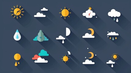 A flat design weather icon set featuring various weather conditions such as sun, clouds, rain, and snow. The icons are presented in a simple, easy-to-understand style suitable for weather forecasting