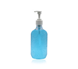 Close up blue alcohol gel hand sanitizer in a clear pump bottle isolated on a white background