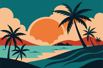 Tropical island paradise. Vintage poster background with palms and sea waves vector