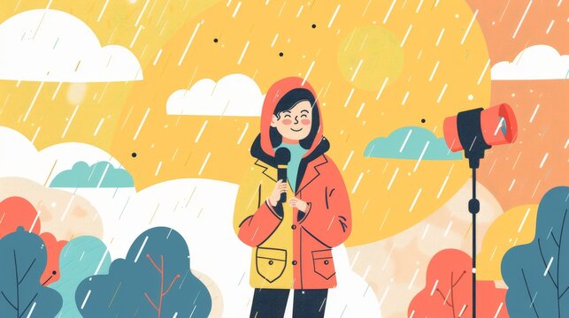 A flat design weather reporter character depicted holding a microphone and reporting live from an outdoor location. Behind the reporter, a dynamic weather background showcases changing weather